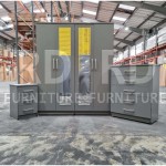 Pre-assembled three-piece set including a classic four-door double-sided mirror wardrobe, five-drawer chest, and bedside table set (Gray).